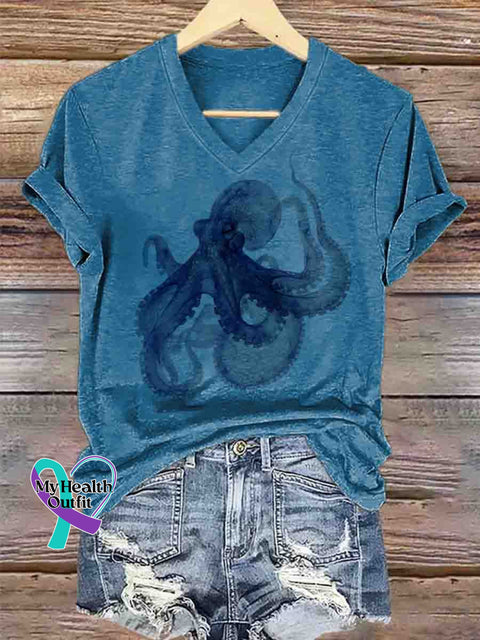 Ocean Octopus Art V-neck Casual T-Shirt Blue / S