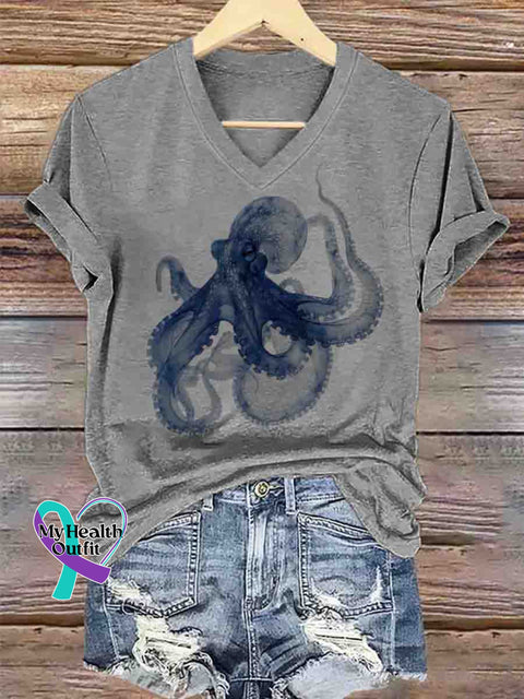 Ocean Octopus Art V-neck Casual T-Shirt Gray / S