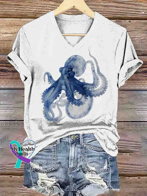 Ocean Octopus Art V-neck Casual T-Shirt White / S