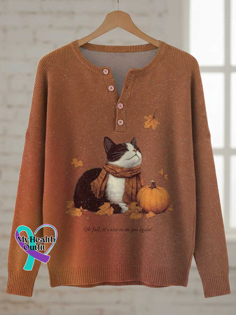 Oh Fall It’s Nice To See You Again! Cat Print Buttoned Cardigan Sweater Multicolor / S