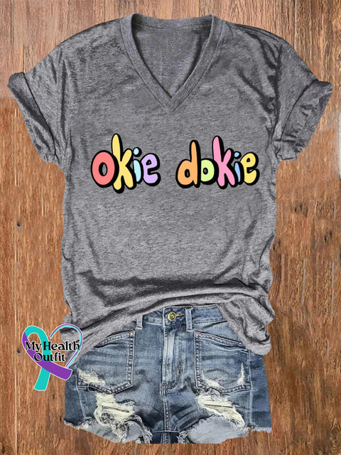 Okie Dokie Printed Casual V-Neck Short-Sleeved T-Shirt Grey / S