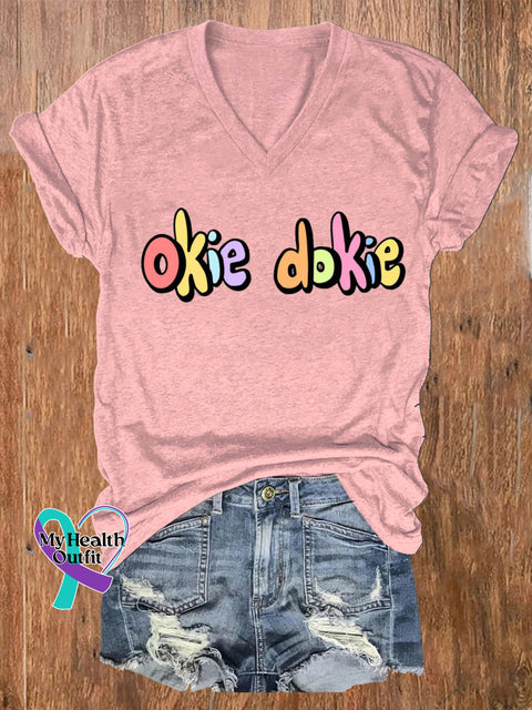 Okie Dokie Printed Casual V-Neck Short-Sleeved T-Shirt Pink / S