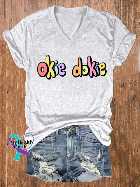Okie Dokie Printed Casual V-Neck Short-Sleeved T-Shirt White / S