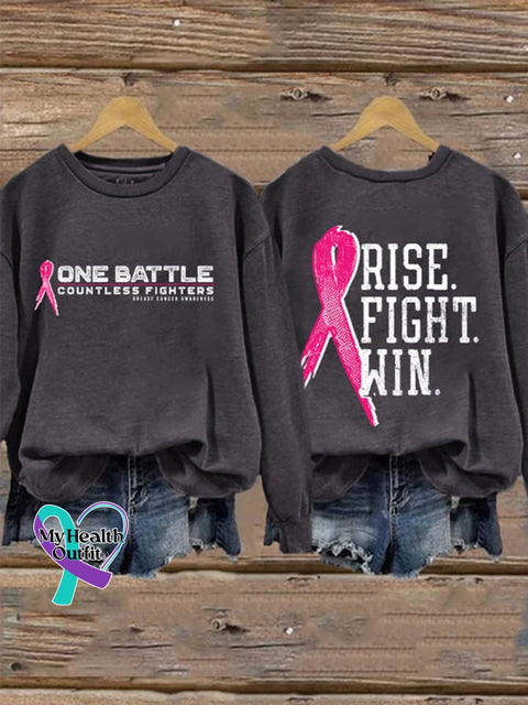 One Battle Rise Fight Win Breast Cancer Print Long-Sleeved Sweatshirt Grey / S