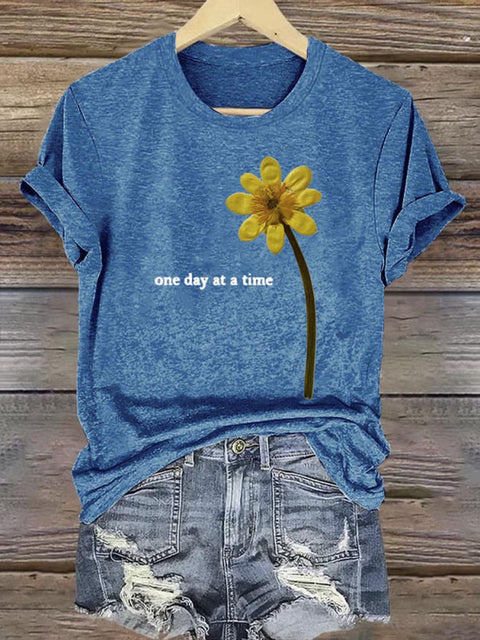 One Day At A Time Art Print Casual Cotton T-shirt Blue / S