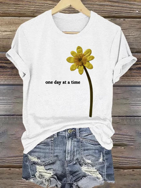 One Day At A Time Art Print Casual Cotton T-shirt White / S