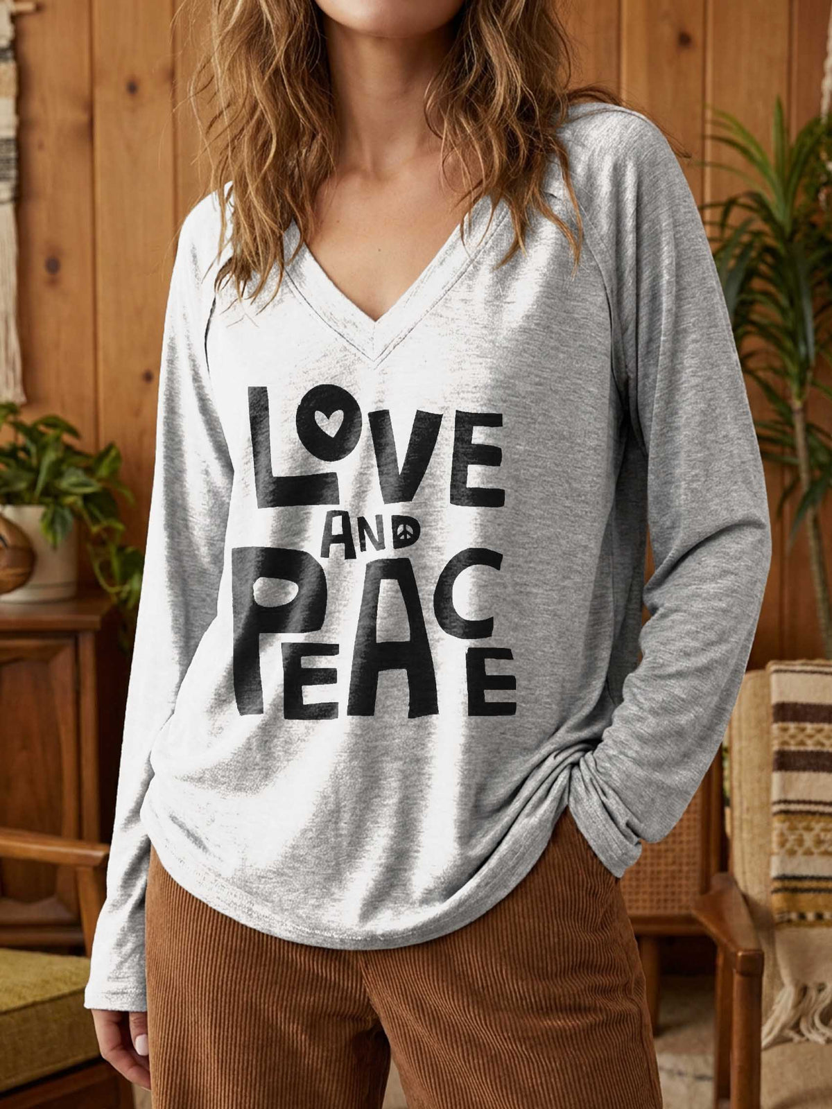Women's Love And Peace Print Casual V Neck Long Sleeve Tops