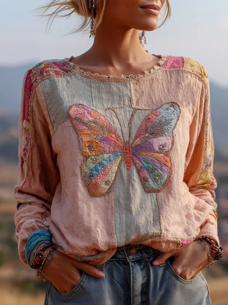 Women's Color Block Butterfly Embroidered Round Neck Top