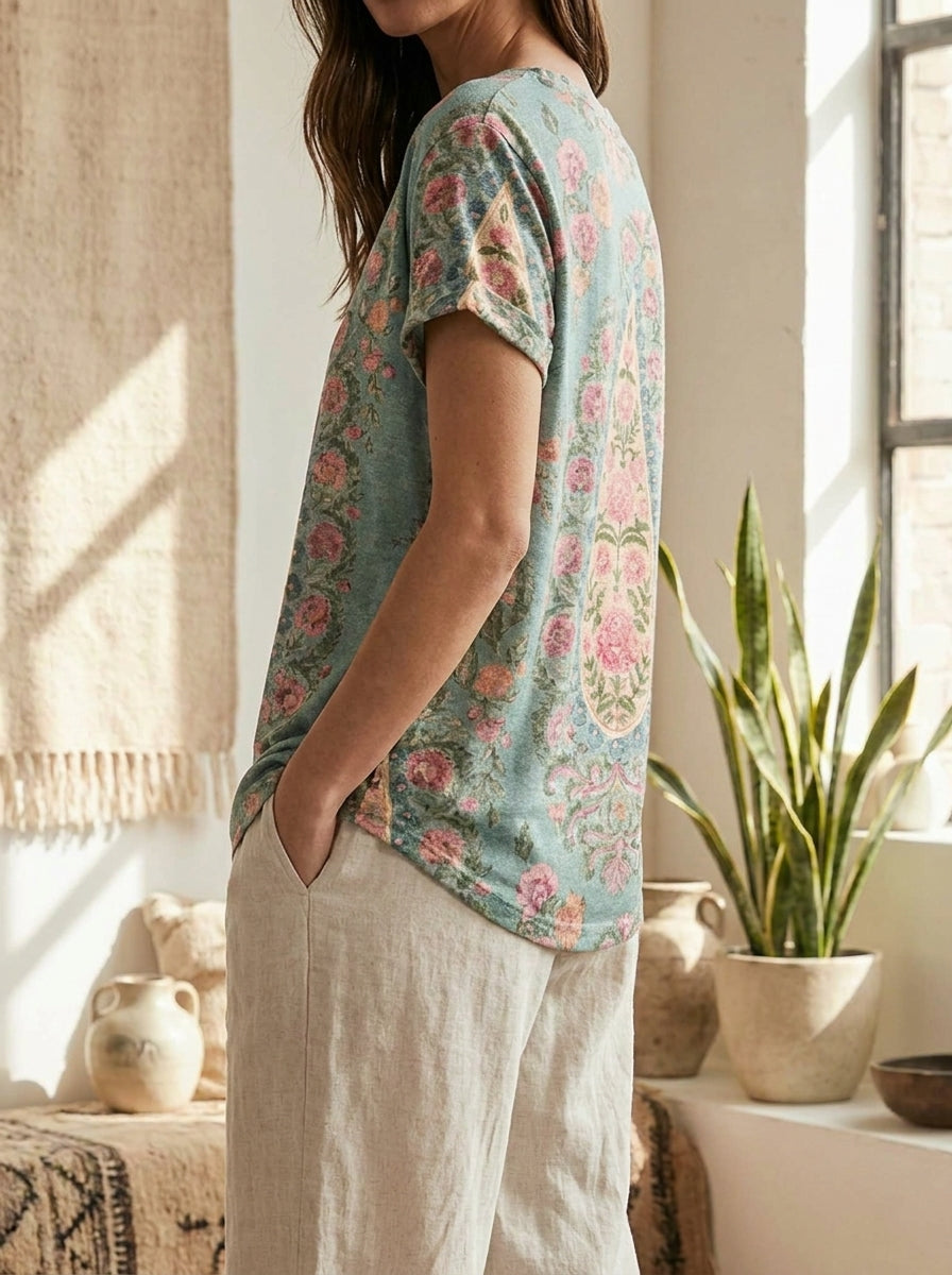 Paisley Floral V- Neck Casual T-shirt