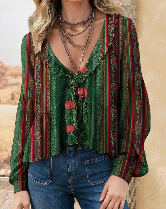 Women's Vintage Floral Pattern Print Casual Long-sleeved V-neck Ruffled And Ruched Cotton Top