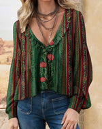 Women's Vintage Floral Pattern Print Casual Long-sleeved V-neck Ruffled And Ruched Cotton Top