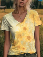 Retro Sunflower Floral V-neck Casual T-shirt