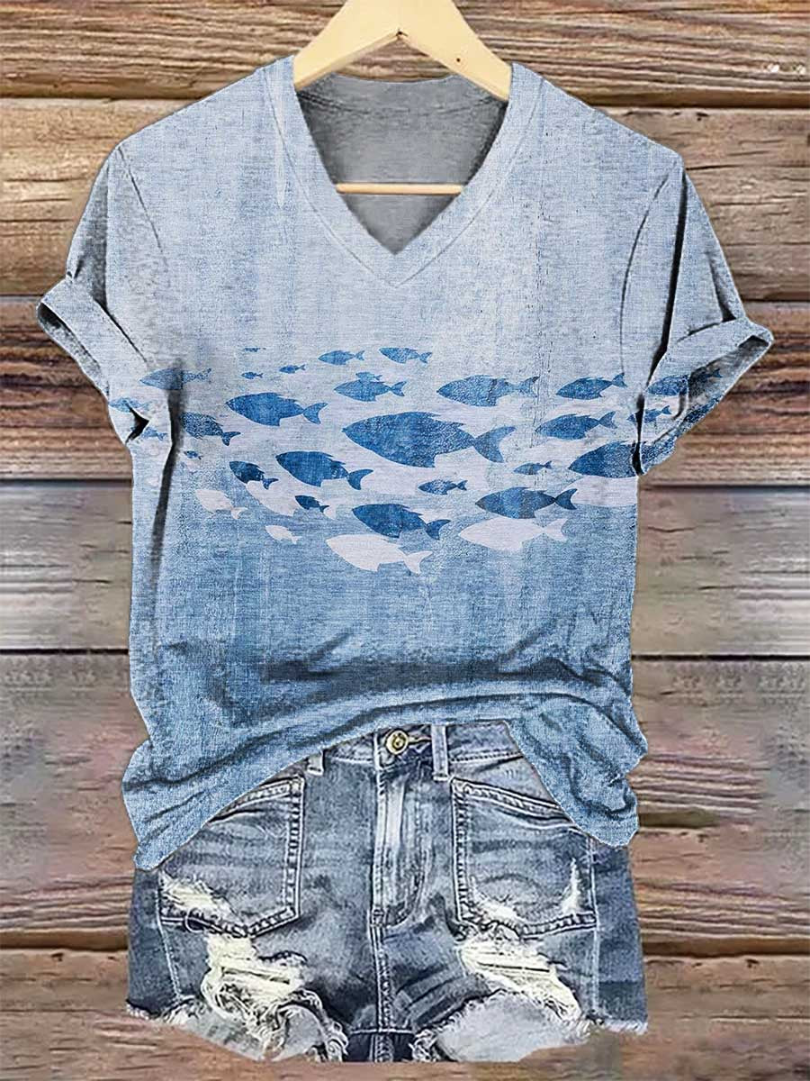 Summer Sea Fish V-neck Casual T-shirt