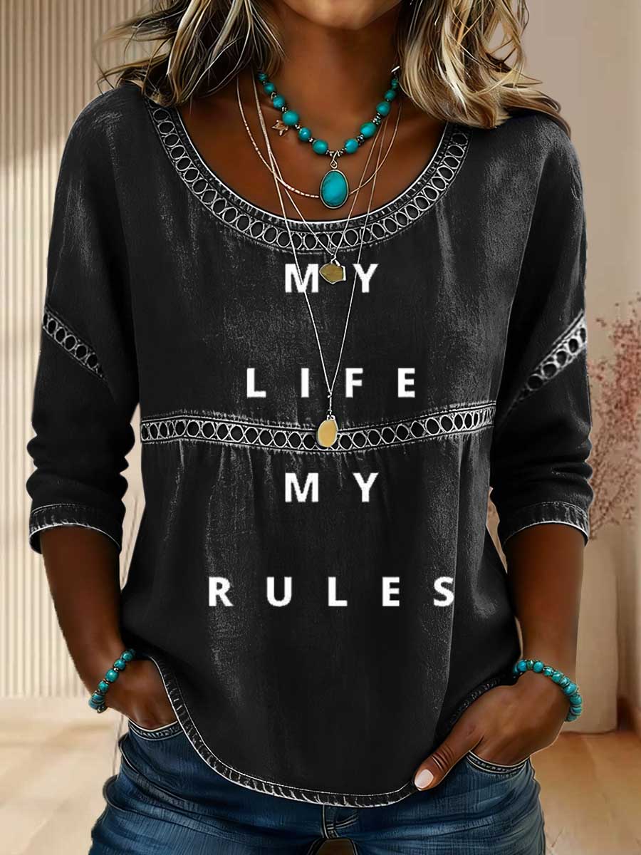 Women's My Life My Rules Print Casual 3/4 Sleeves Hollow Denim Shirt