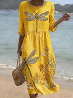 Women's Vintage Dragonfly And Floral Art Linen Blend Loose Linen Dress