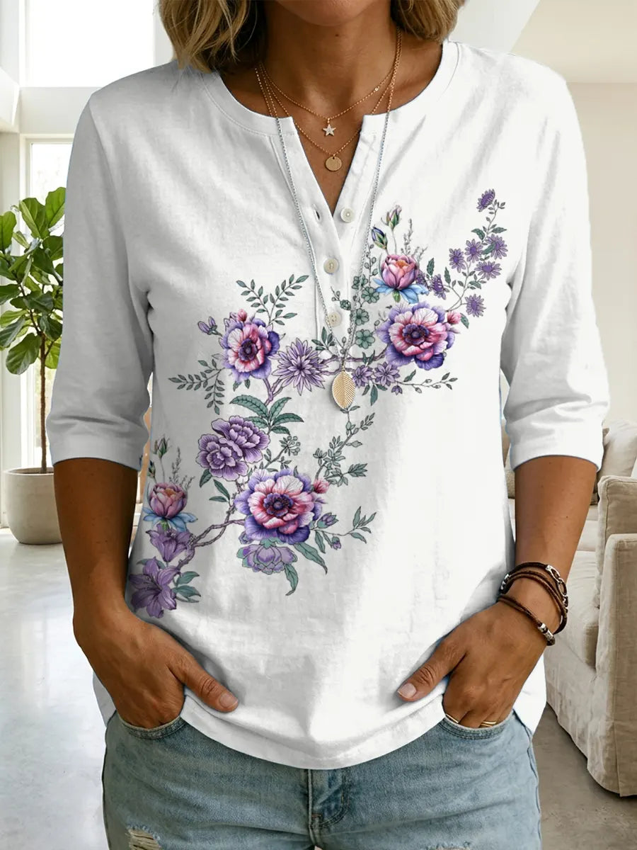 Women's Floral Art Print Casual Cotton Shirt