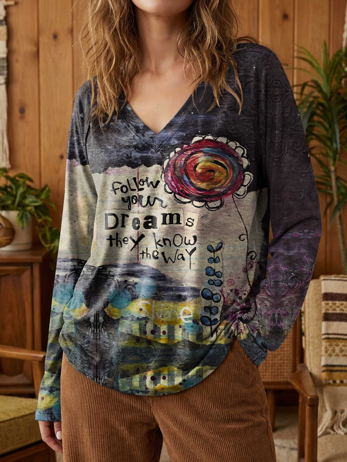 Women's Follow Your Dreams... They Know The Way Print Casual V Neck Long Sleeve Tops