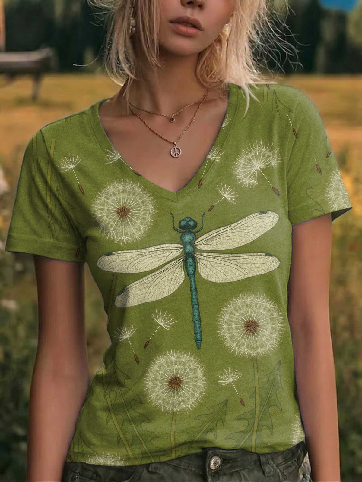 Dragonfly Floral V-neck Casual T-shirt