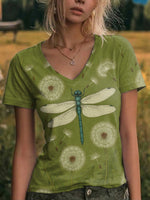Dragonfly Floral V-neck Casual T-shirt