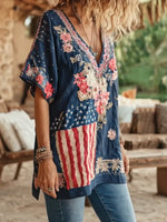 Women's Floral Independence Day Contrast Commemorative Print Shirt