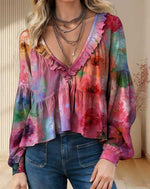 Women's Vintage Floral Pattern Print Casual Long-sleeved V-neck Ruffled And Ruched Cotton Top