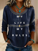 Women's My Life My Rules Print Casual 3/4 Sleeves Hollow Denim Shirt