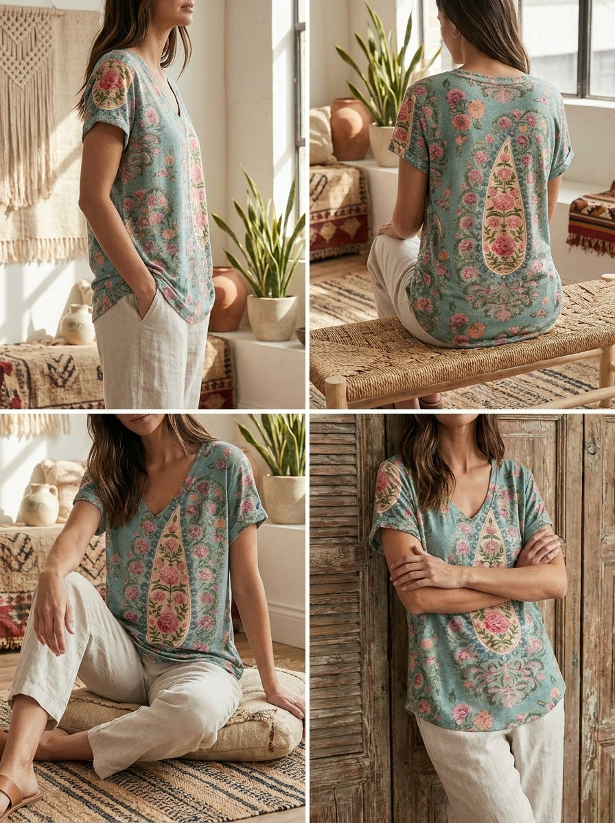 Paisley Floral V- Neck Casual T-shirt