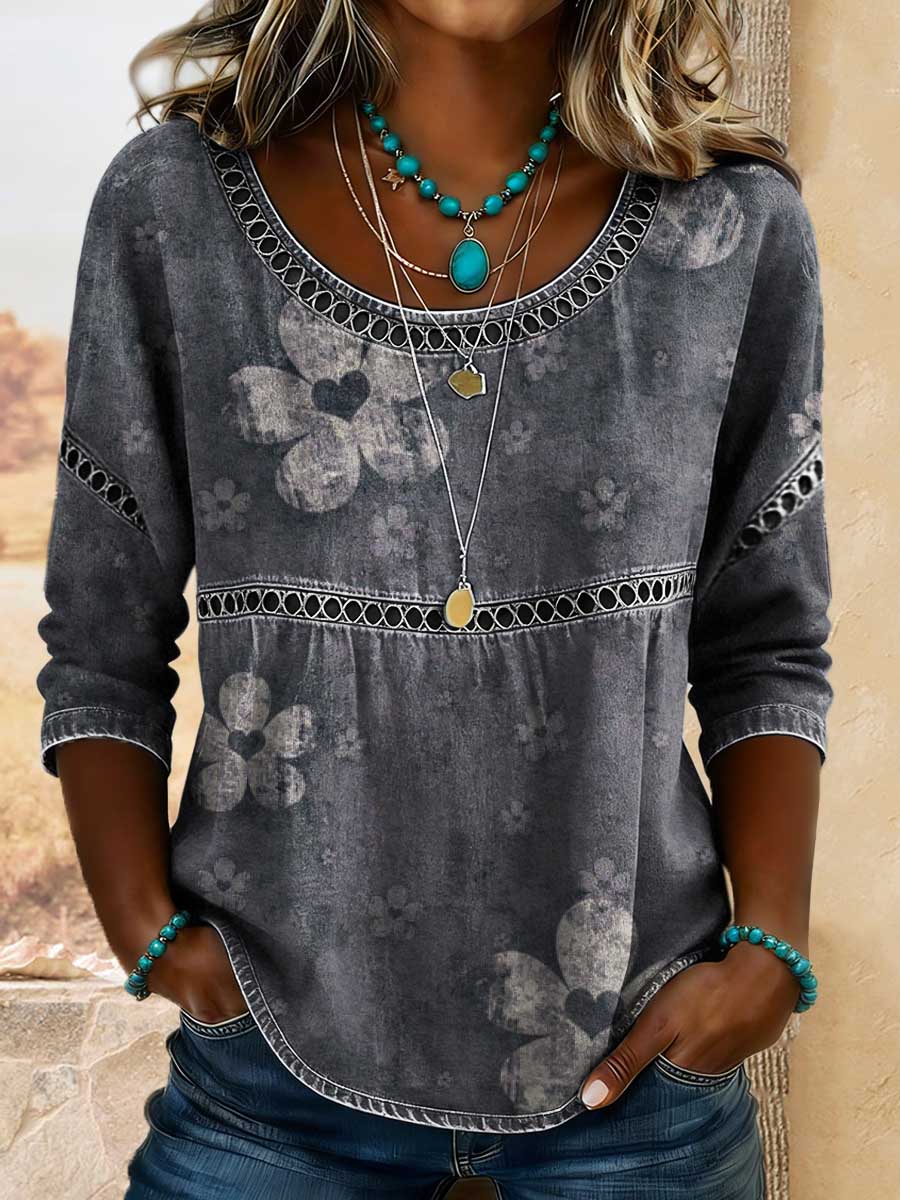 Women's Retro Floral Art Print Casual 3/4 Sleeves Hollow Denim Shirt