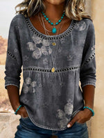 Women's Retro Floral Art Print Casual 3/4 Sleeves Hollow Denim Shirt