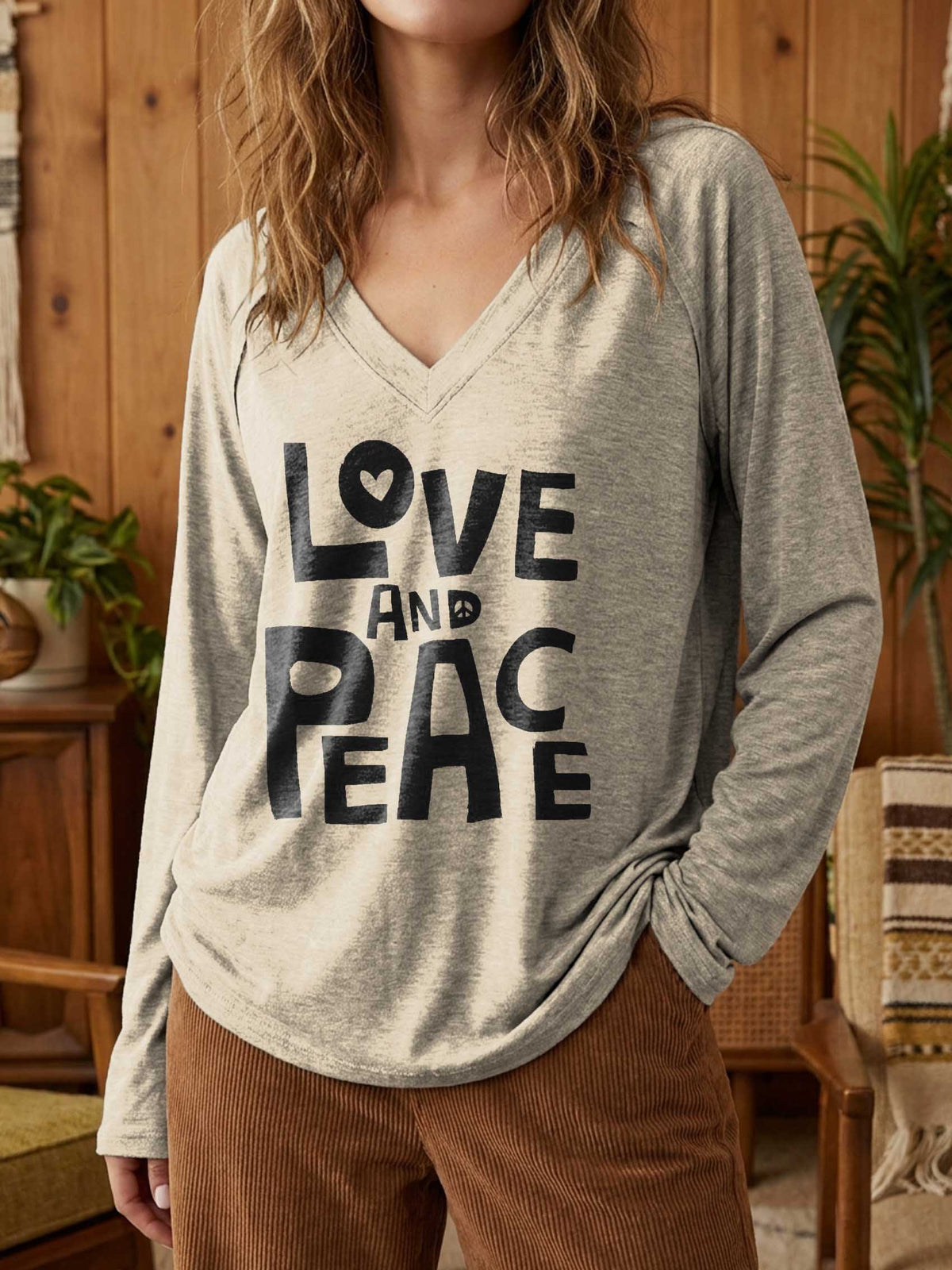 Women's Love And Peace Print Casual V Neck Long Sleeve Tops