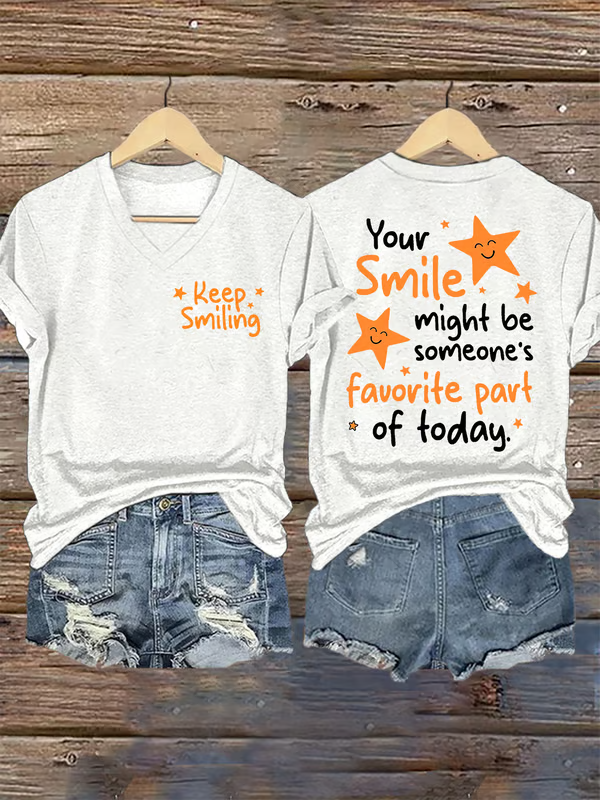 Keep Smiling V-neck Casual T-shirt