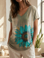 Retro Floral V- Neck Casual T-shirt