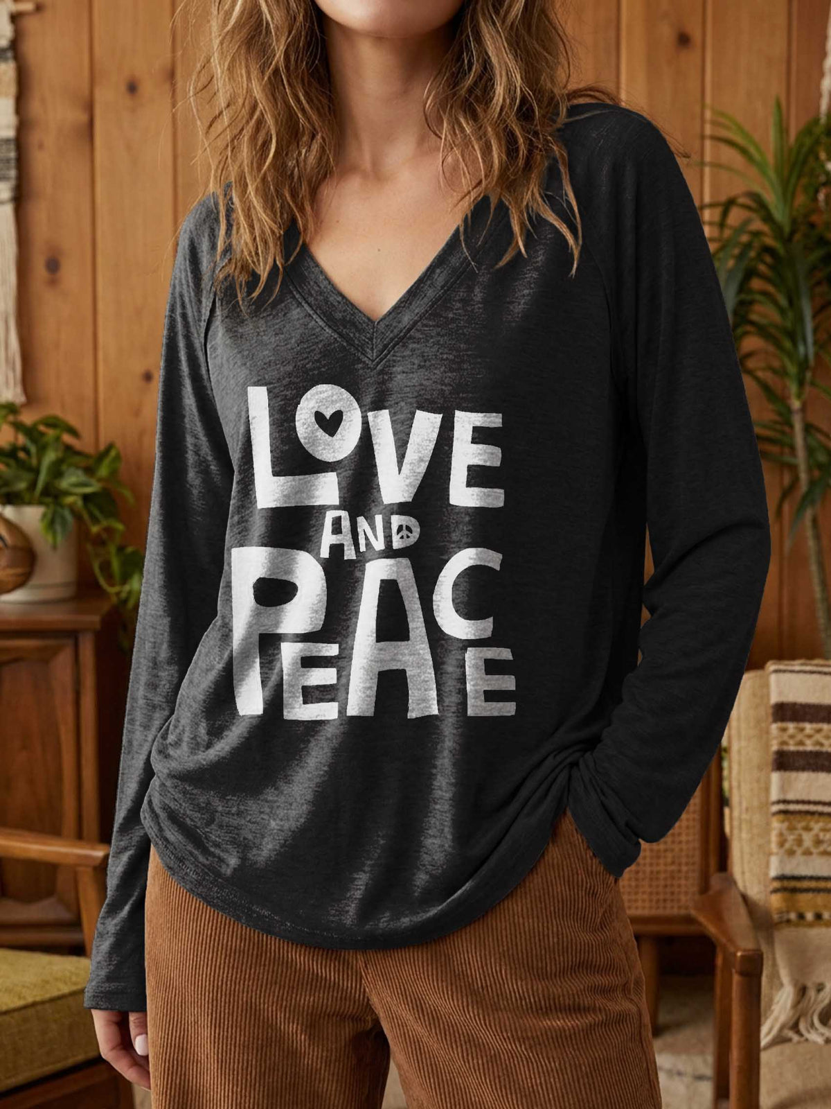 Women's Love And Peace Print Casual V Neck Long Sleeve Tops
