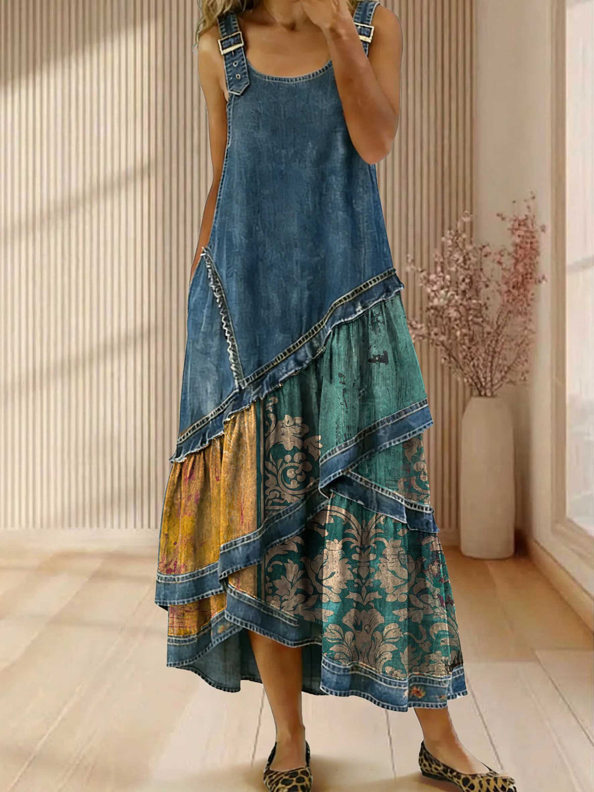 Vintage Floral Print Sleeveless Multi-layered Ruffled Strap Dress