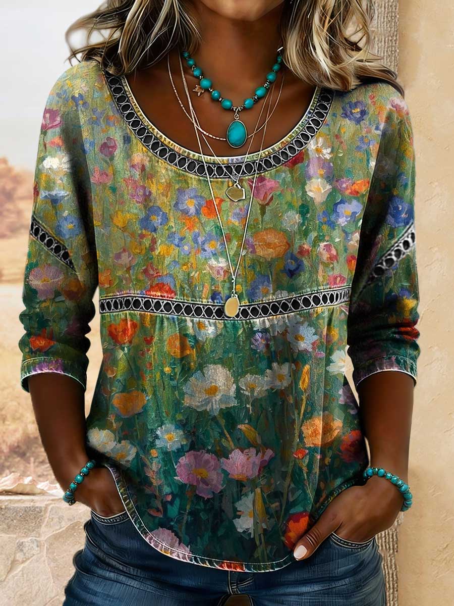 Women's Retro Floral Art Print Casual 3/4 Sleeves Hollow Denim Shirt