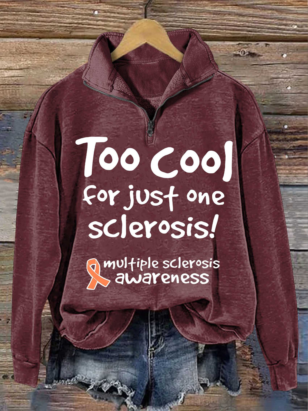 Too Cool For Just One Sclerosis! Ms Awareness Multiple Sclerosis Warrior Multiple Sclerosis Orange Ribbon Casual Long Sleeve Zip Sweatshirt