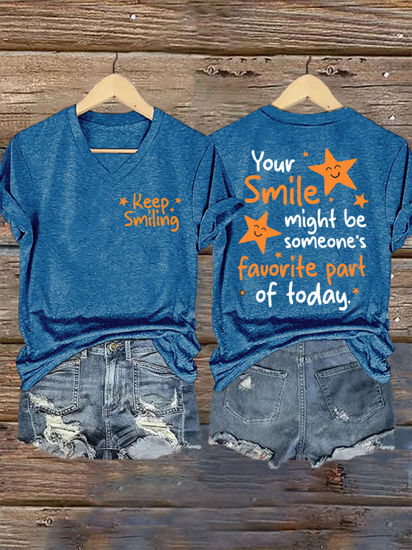Keep Smiling V-neck Casual T-shirt