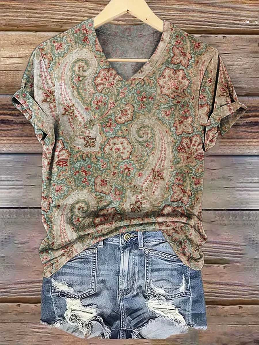 Floral Paisley V- Neck Casual T-shirt