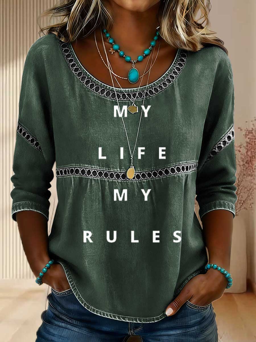 Women's My Life My Rules Print Casual 3/4 Sleeves Hollow Denim Shirt