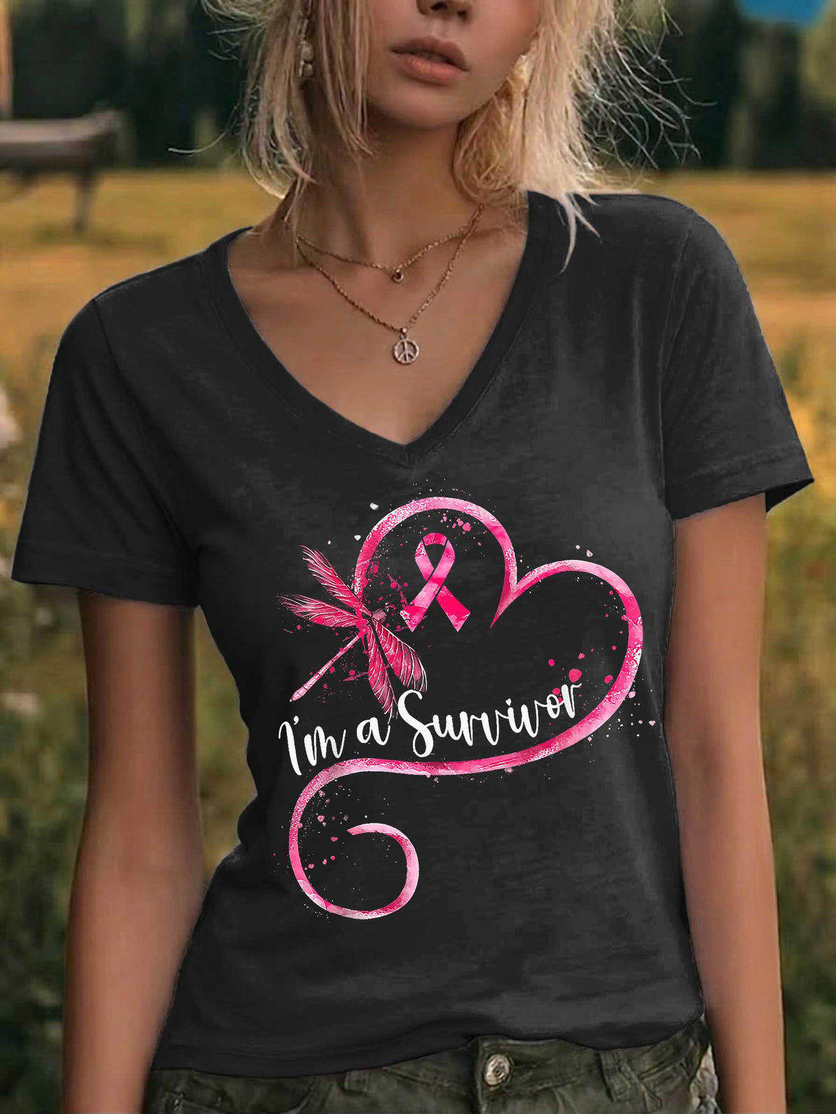 I'm A Survivor Dragonfly V-neck Casual T-shirt