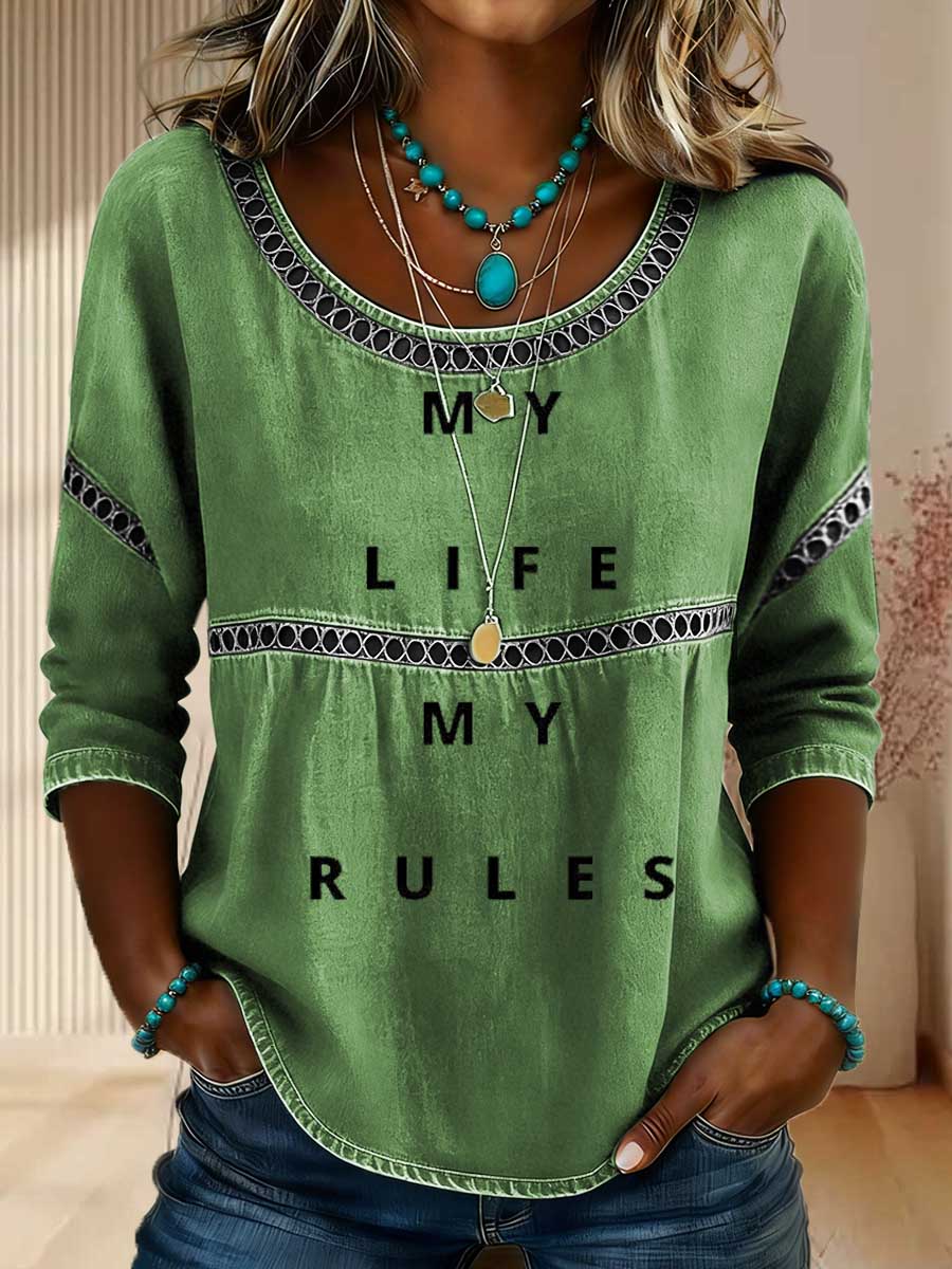 Women's My Life My Rules Print Casual 3/4 Sleeves Hollow Denim Shirt