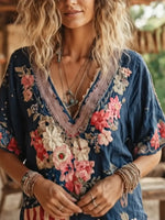 Women's Floral Independence Day Contrast Commemorative Print Shirt