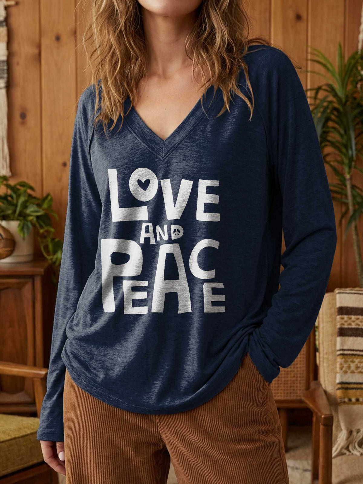 Women's Love And Peace Print Casual V Neck Long Sleeve Tops