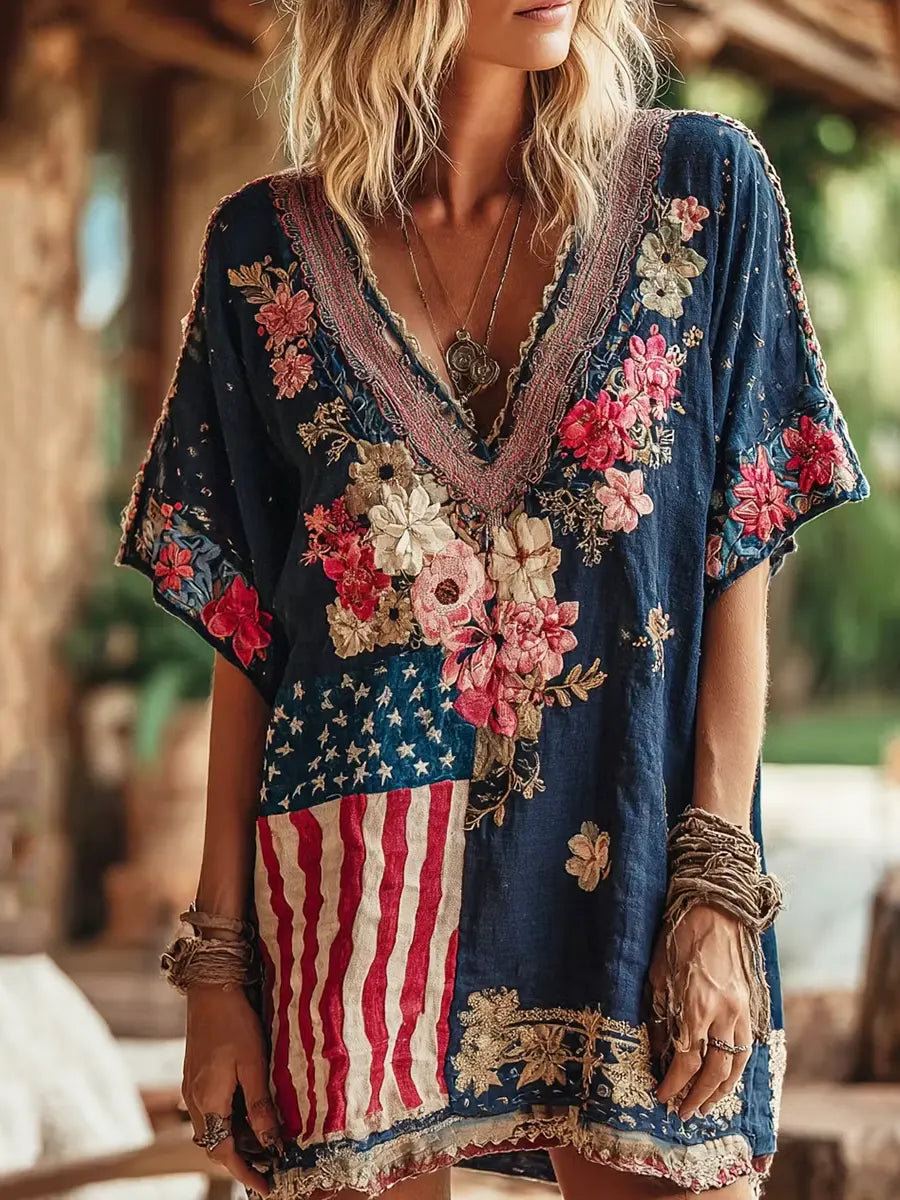 Women's Floral Independence Day Contrast Commemorative Print Shirt