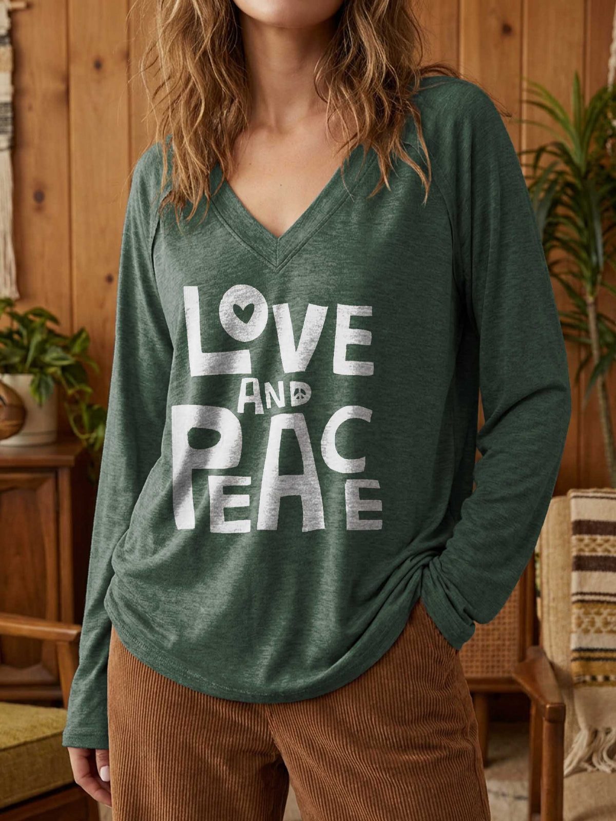 Women's Love And Peace Print Casual V Neck Long Sleeve Tops