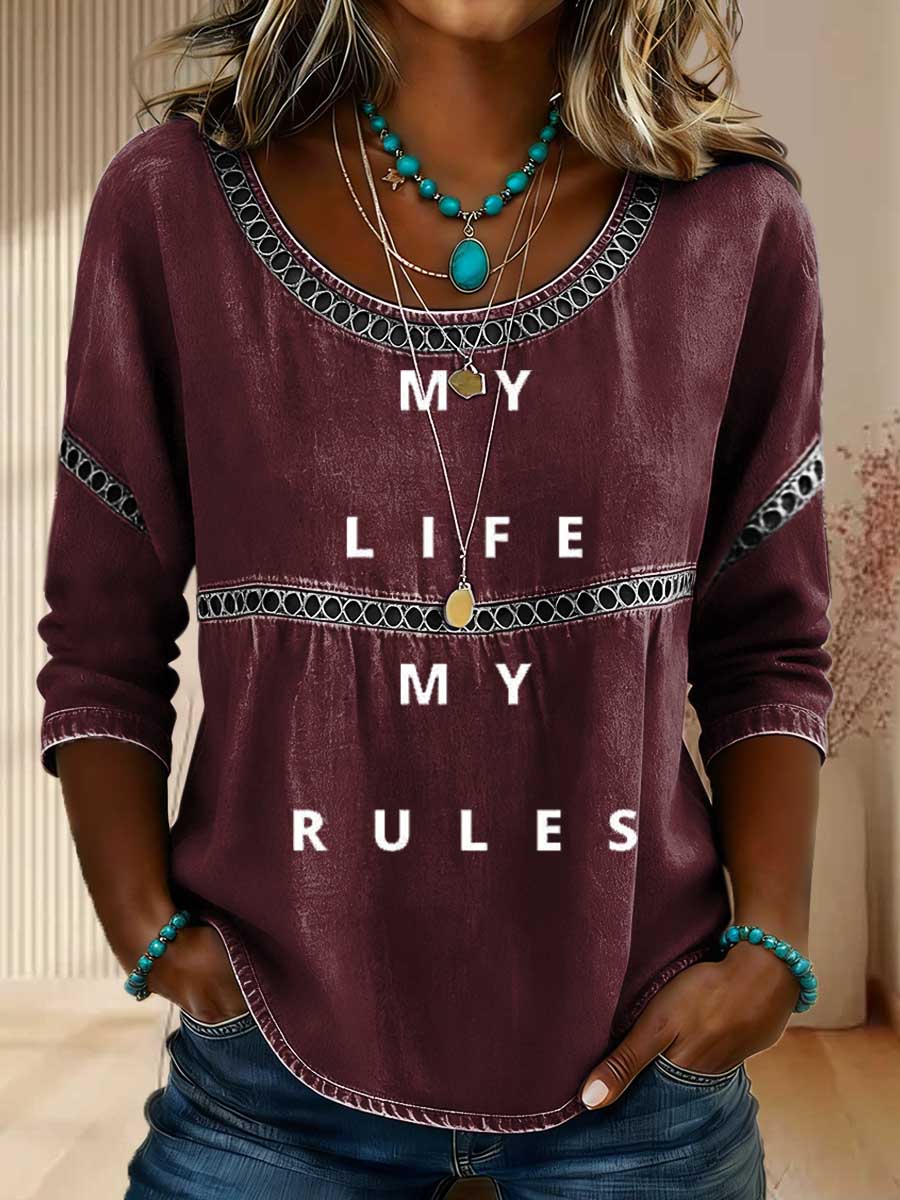 Women's My Life My Rules Print Casual 3/4 Sleeves Hollow Denim Shirt