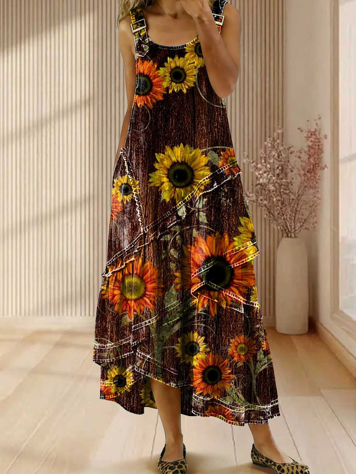 Vintage Sunflower Floral Print Sleeveless Multi-layered Ruffled Strap Dress