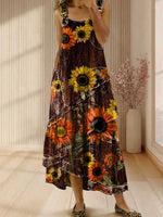 Vintage Sunflower Floral Print Sleeveless Multi-layered Ruffled Strap Dress
