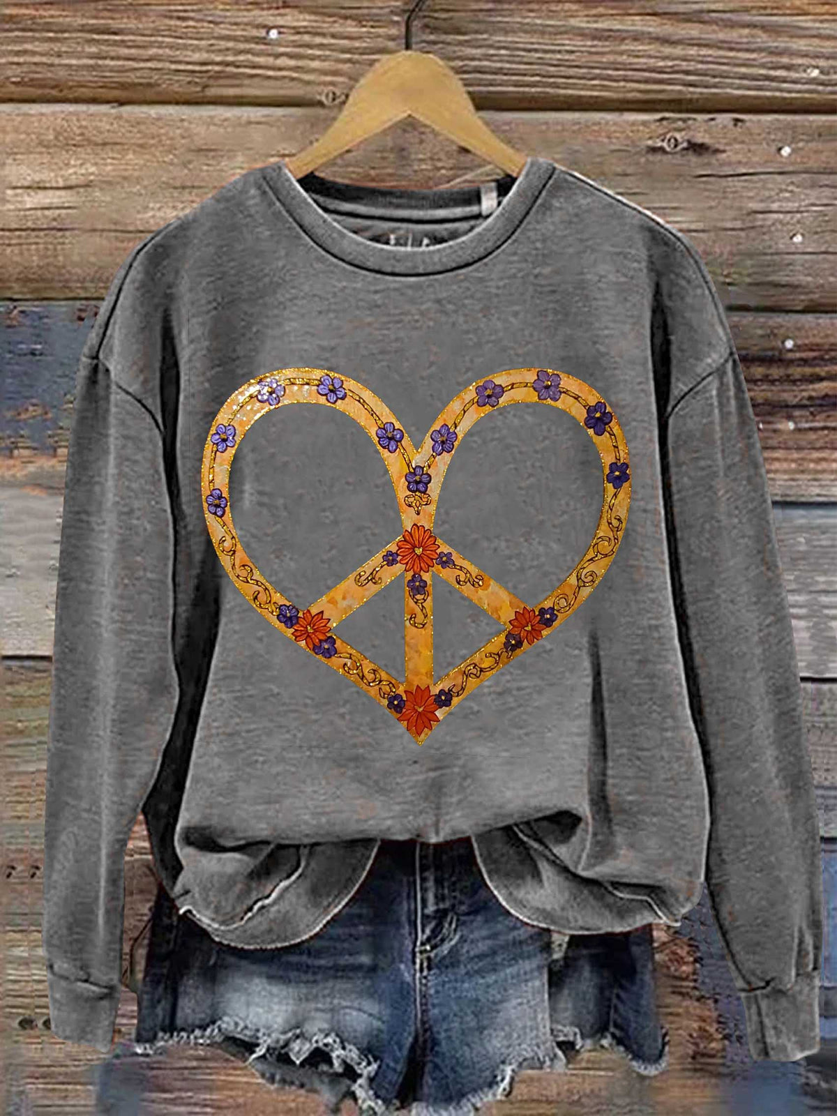 Peace Sign Heart Print Casual Sweatshirt