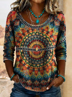 Women's Retro Mandala Art Print Casual 3/4 Sleeves Hollow Denim Shirt